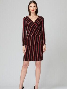 Joseph Ribkoff Black Red and Gold Detail Side Scrunch Stretchy Dress Sz 16